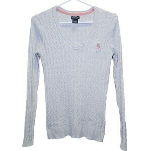 U.S. Polo Assn Sweater Womens XL Light Gray Cable Knit V-Neck Preppy Classic Y2K